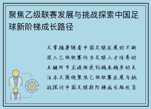聚焦乙级联赛发展与挑战探索中国足球新阶梯成长路径