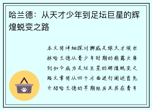 哈兰德：从天才少年到足坛巨星的辉煌蜕变之路