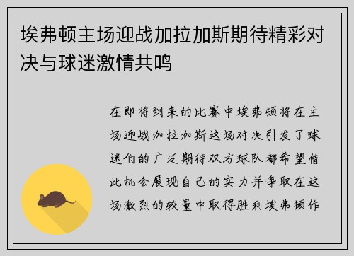 埃弗顿主场迎战加拉加斯期待精彩对决与球迷激情共鸣